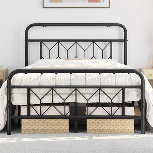 Yaheetech Metal Platform Bed Frame Mattress Foundation with Diamond Pattern Headboard/Footboard/Heavy Duty Steel Slat Support/Under Bed Storage/No Box Spring Needed/Full Size Black