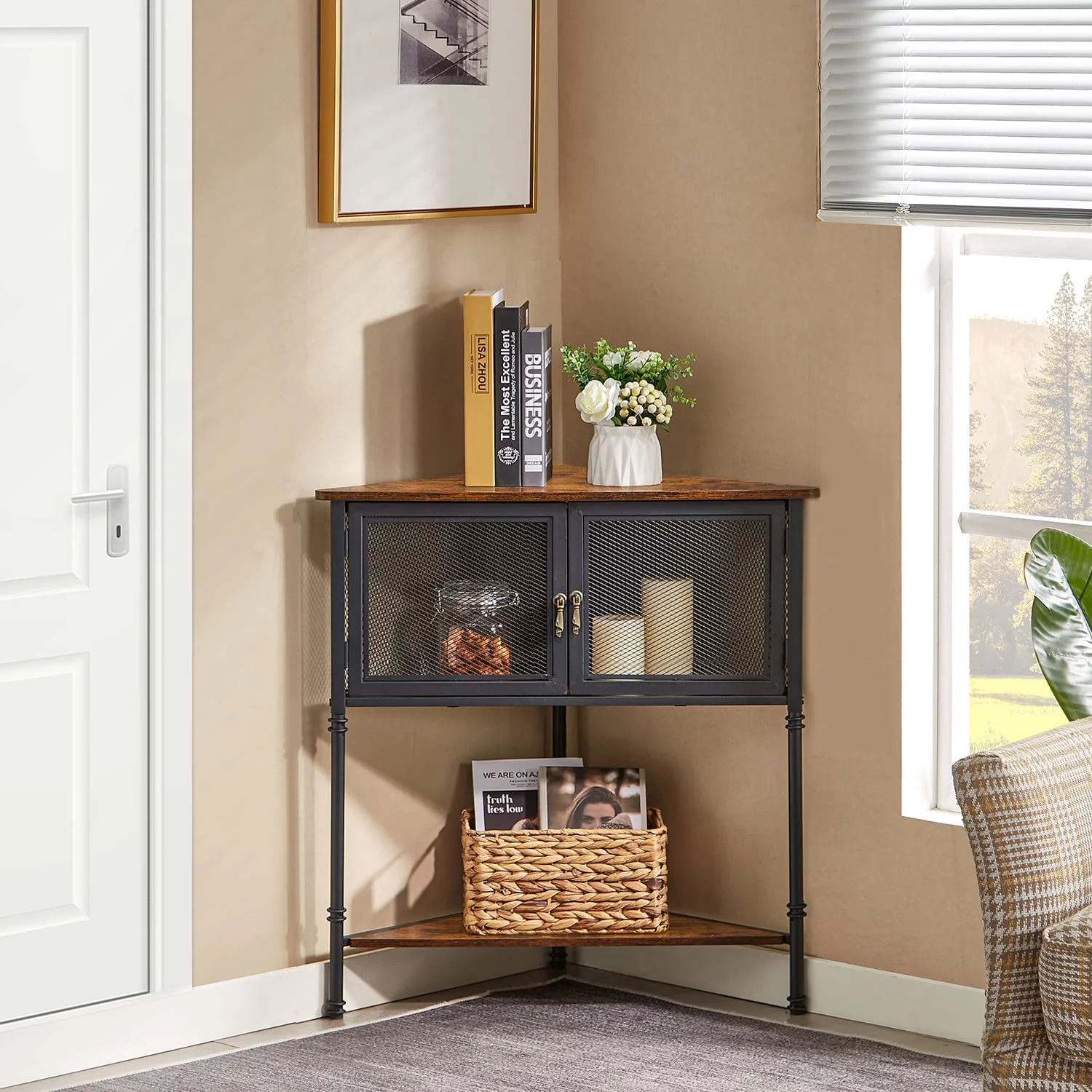 FJU 3-Tier Corner Shelf with Storage Cabinet, 29