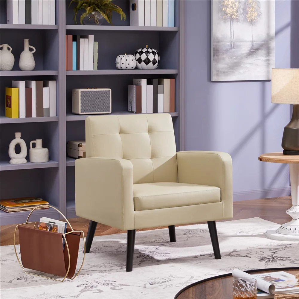 SmileMart Mid Century Faux Leather Tufted Accent Chair for Living Room, Beige