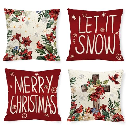 Christmas Red Peru Amaryllis Pillow Covers Let It Snow 20 x 20 Inch Throw Pillows, Merry Christmas Cardinal Cross Seasonal Decorative Farmhouse Cushion Case for Sofa Couch Set of 4