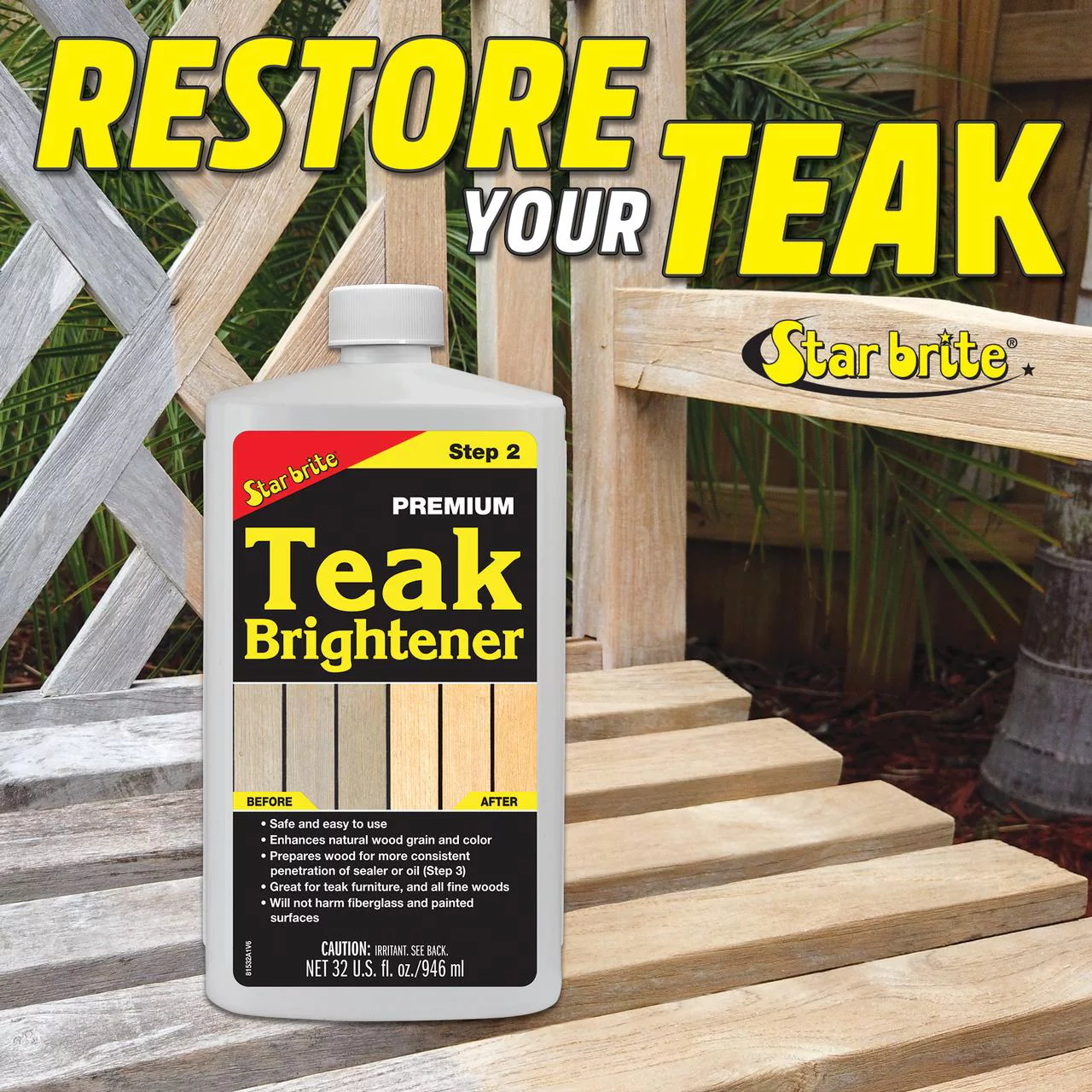STAR BRITE Premium Teak Brightener - Enhances Natural Wood Grain & Restores Tone, Color & Provides a More Consistent Application of Teak Oil, Sealer or Stain - 16 OZ (081516)