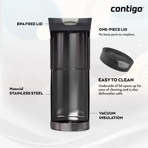 Contigo Byron Snapseal Travel Mug, Stainless Steel Thermal Mug, Vacuum Flask, Leakproof Tumbler, Coffee Mug with BPA Free Easy-Clean Lid, 590 ml, Black