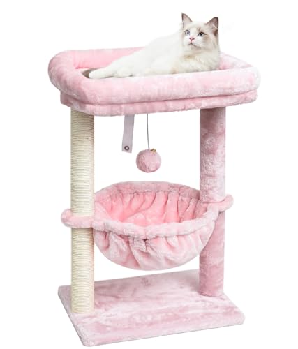 SYANDLVY Small Cat Tree for Indoor Cats, Activity Cat Tower with Scratching Post for Kittens, Cat Bed & Furniture with Basket & Hanging Ball for Play Rest