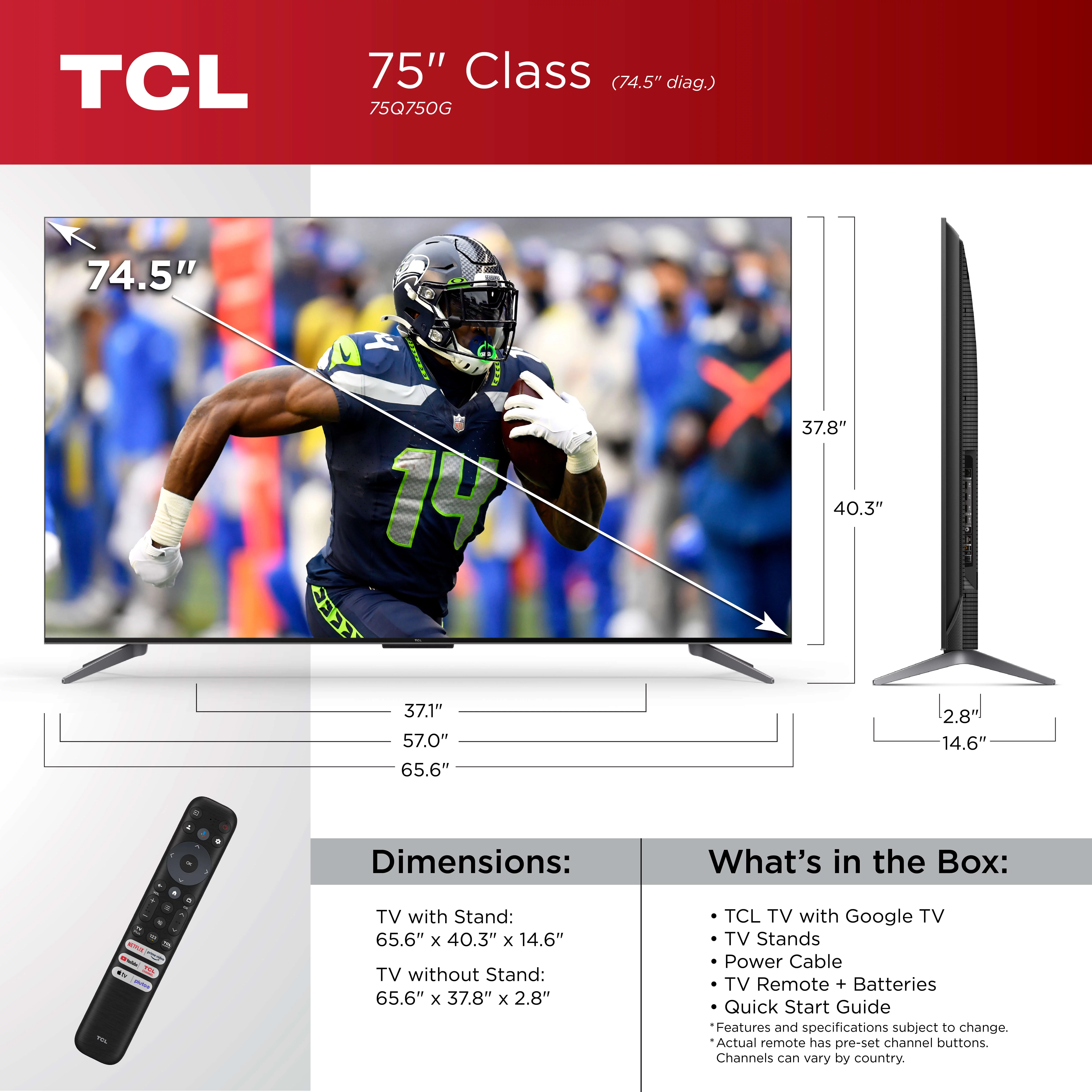 TCL 75” Class Q Class 4K QLED HDR Smart TV with Google TV, 75Q750G