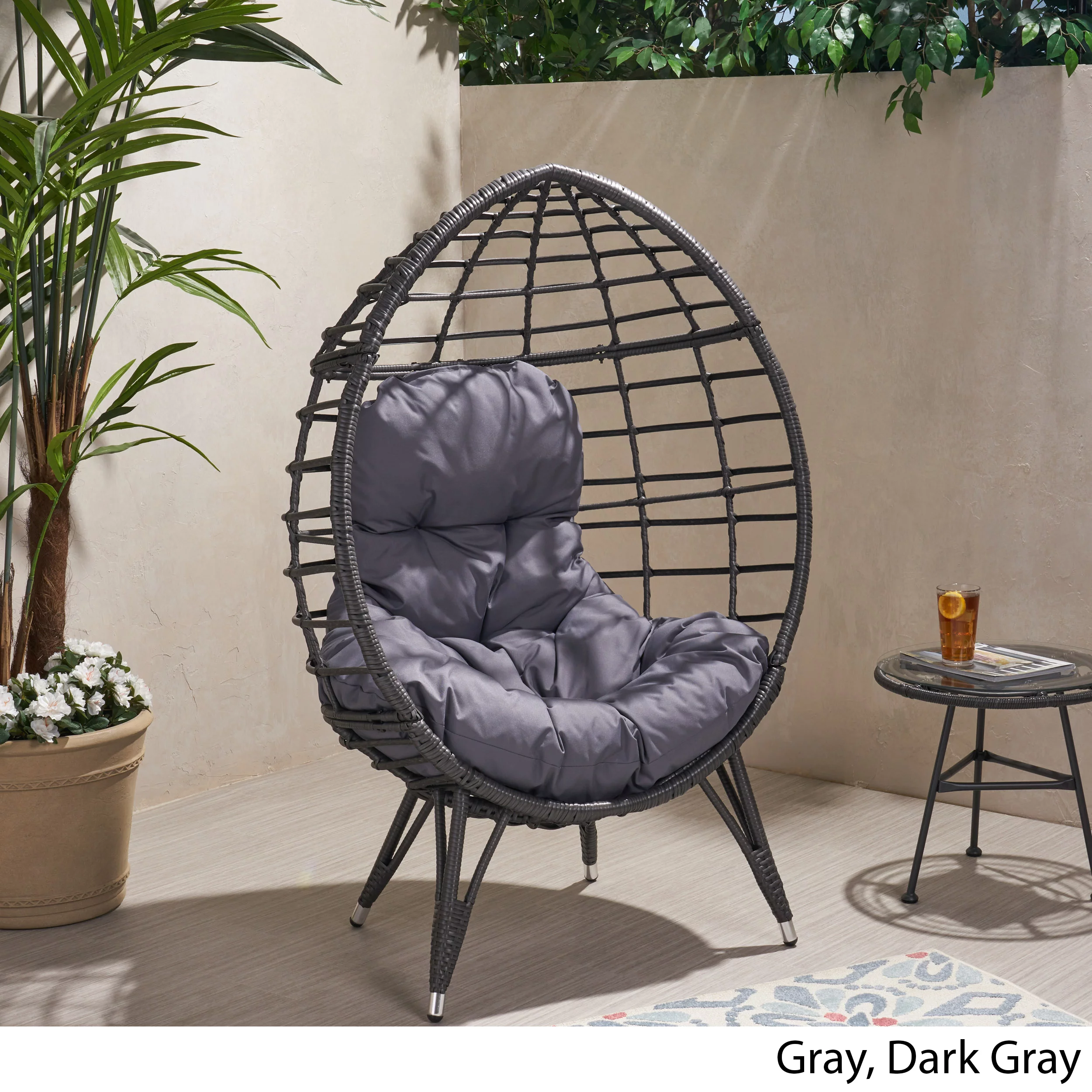 Noble House Santino Outdoor Wicker Teardrop Chair in Gray and Dark Gray
