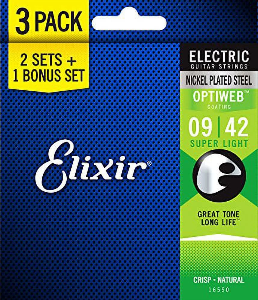 Elixir Strings 16550 Guitar Strings with OPTIWEB Coating, 3 Pack, Super Light (.009-.042)
