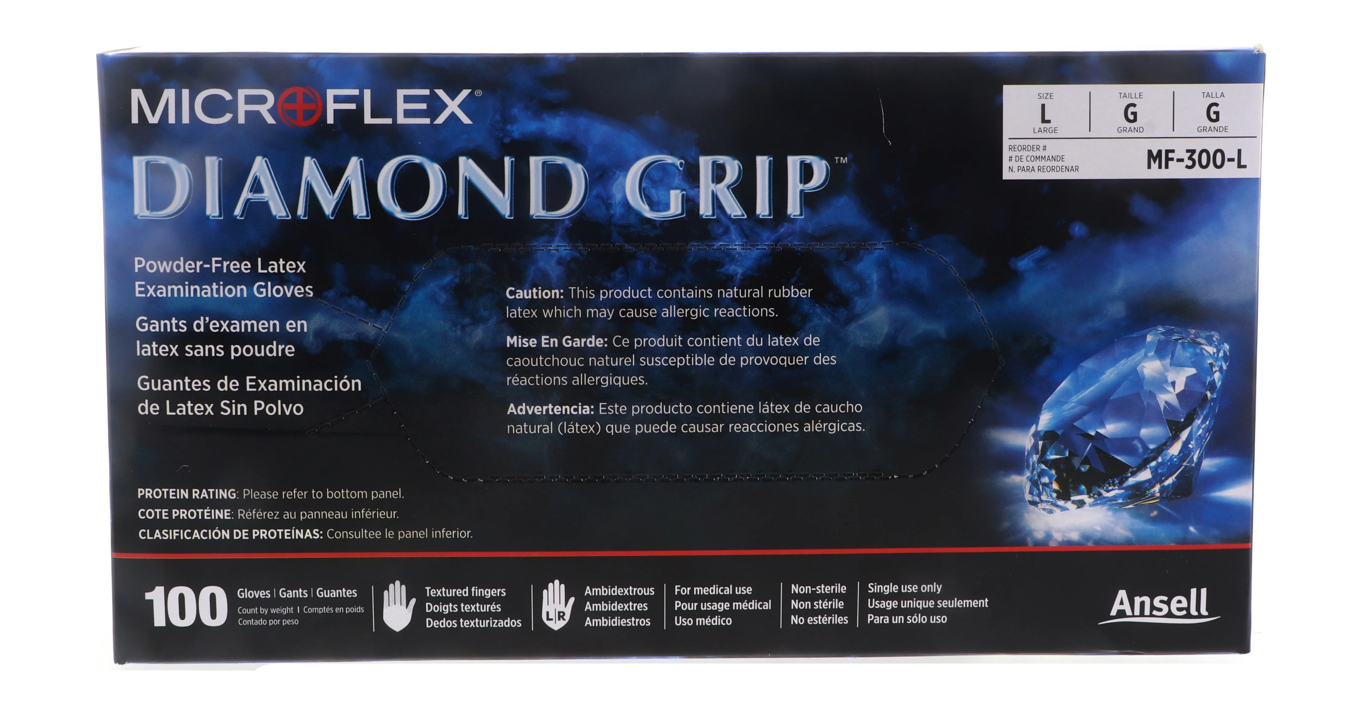 Microflex Diamond Grip Powder-Free Latex Examination Glove, Large, White (100pcs) 5 Pack