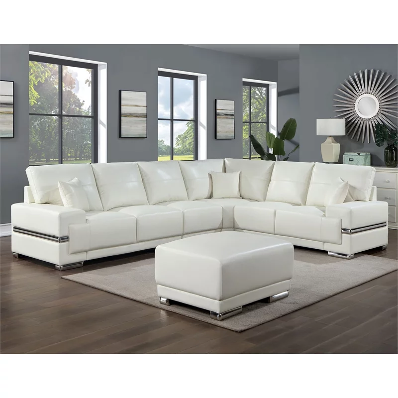 Furniture of America Thea Faux Leather Large Sectional with Ottoman in White