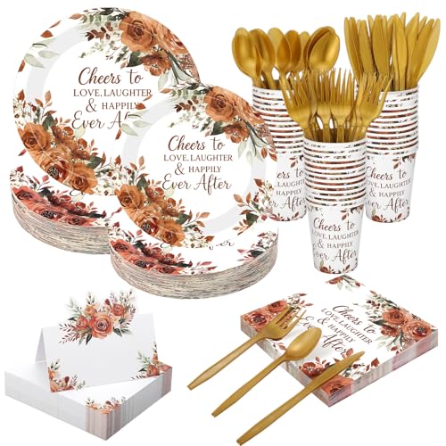 Shellwei 410 Pcs Terracotta Floral Wedding Decorations Fall Paper Plates and Napkins Set Disposable Party Tableware Sets with Cups Knives Forks Spoons Seat Card Favors for 50 Guests