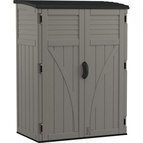 Suncast 54 Cubic Ft. Vertical Resin Outdoor Storage Shed with Lockable Double Doors, Weather-Resistant Multi-Wall Panels, Customizable Shelving, Stoney, Made in the USA