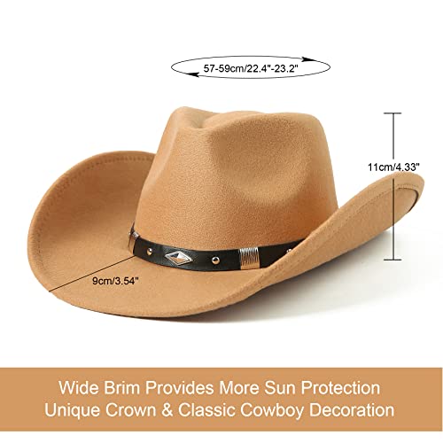 Lanzom Women Men Classic Felt Wide Brim Western Cowboy Cowgirl Hat with Belt Buckle