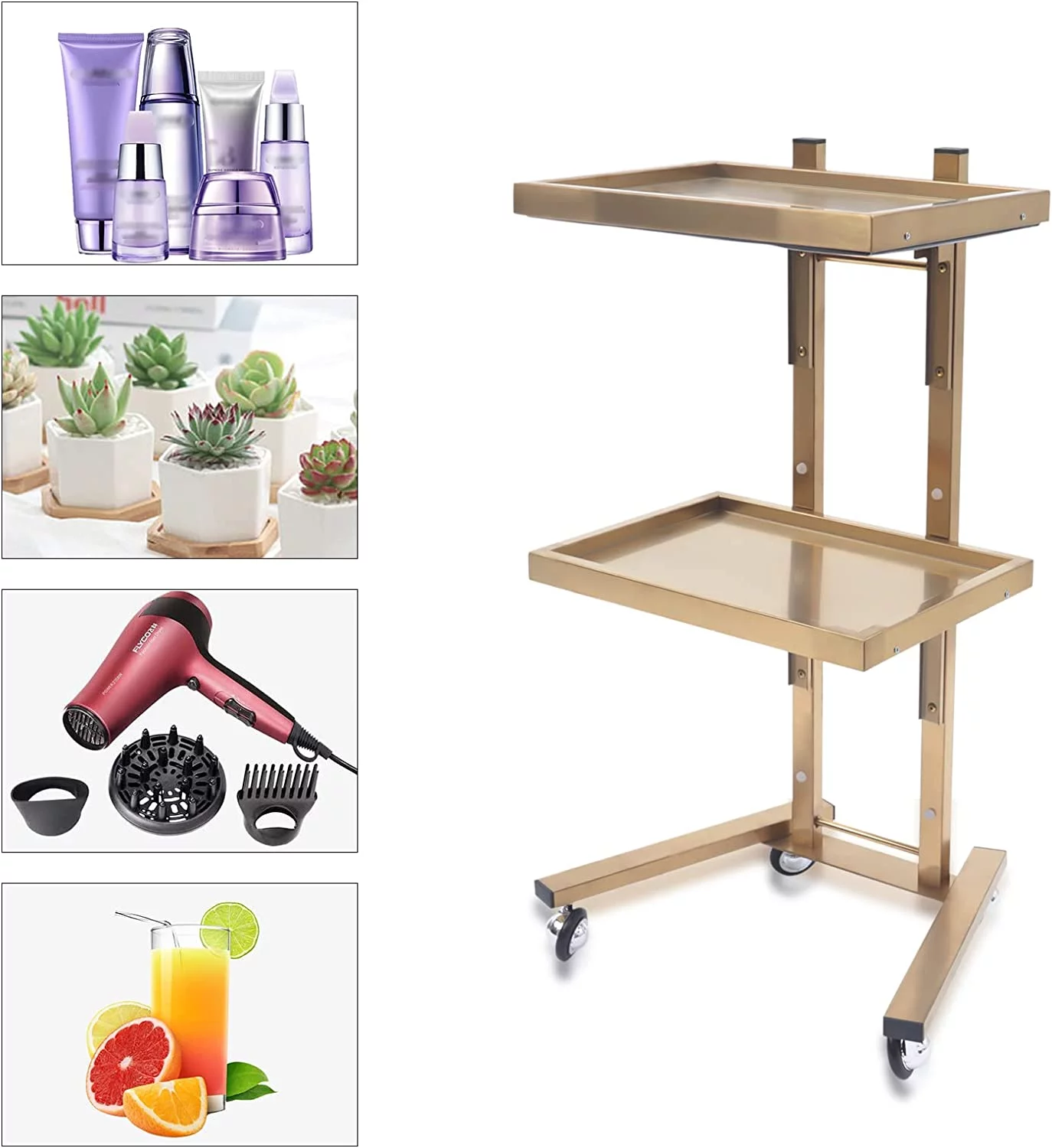 Miumaeov 2-Tier Cart Trolley Tray, Foldable Metal Rolling Trolley with 4 Swivel Casters Load 44 lb, Tattoo Shop Collapsible Utility Carts Stainless Steel Salon Storage Stand (Gold)