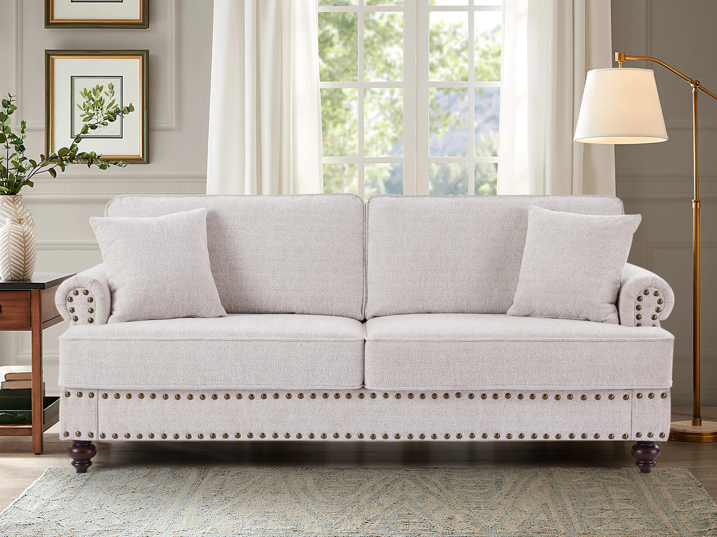 Modern 3 Seater Chenille Upholstered Sofa Couch with Nailhead Trim and Pillows Solid Wood Legs for Living Room Office Apartment