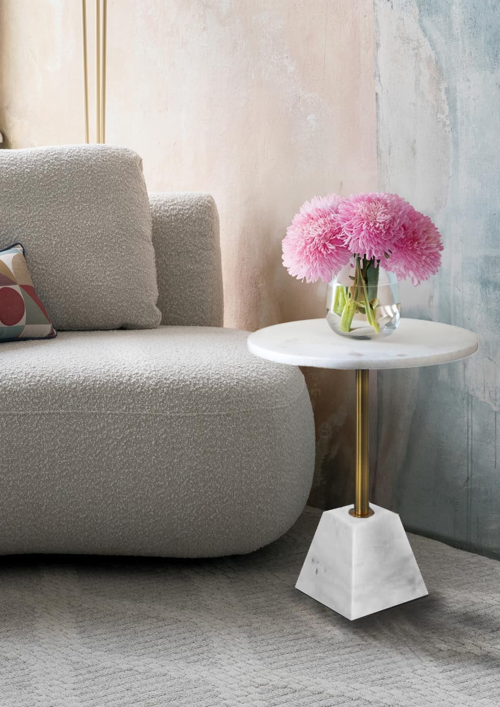 First of a Kind Angela Marble Pedestal Poke Side Table in White With Metal Base