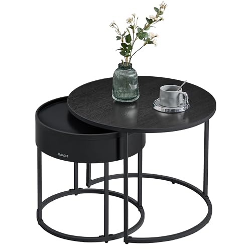 VASAGLE Round Coffee Tables, Set of 2 Nesting Tables, Modern Round Side Tables with Hidden Storage and Top Tray, for Living Room, Bedroom, Office, Ebony Black and Ink Black ULCT044B56
