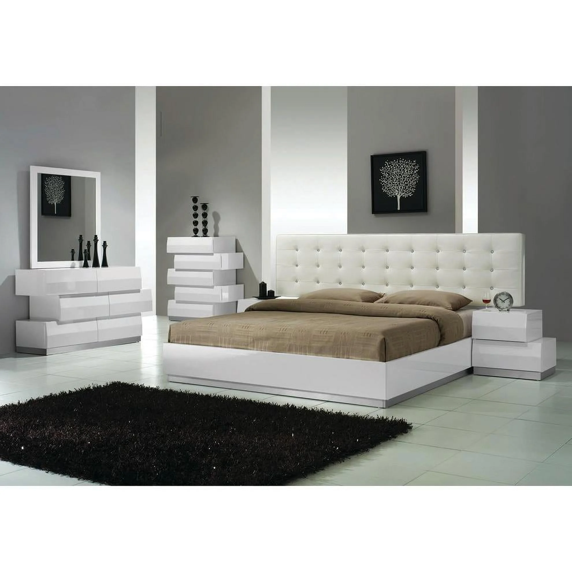 Best Master Spain 5-Piece Engineered Wood East King Bedroom Set in White Gloss