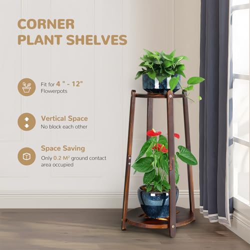 2 Tier Round Bamboo Plant Stands Shelves Indoor 12 Inch,Corner Flower Pot Stands Shelf, Wooden Tall Plant Pedestal Holder Rack for Succulent Catus Display in Living Room Patio Balcony Outdoor