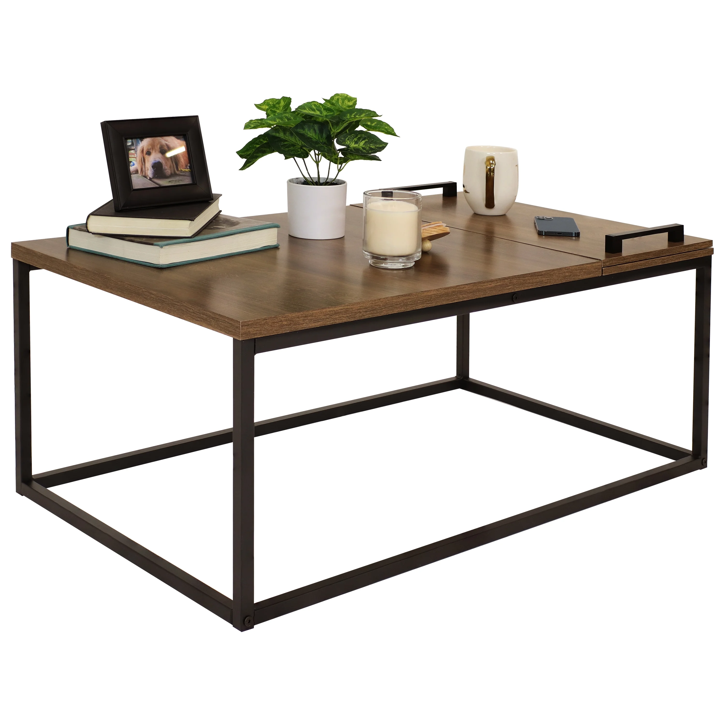Sunnydaze Industrial-Style Coffee Table with Removable Serving Tray - MDP Construction with Powder-Coated Steel Frame - Brown