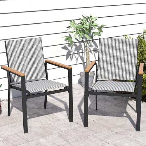 DWVO Stackable Patio Chairs Set of 2, All-Weather Patio Seating with Olefin Fabric and Faux Wood Armrests, Black & White Plaid Pattern
