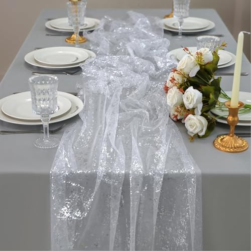 Snowkingdom 10 Pcs Black & Gold Cheesecloth Table Runner 10 FT, Sheer Chiffon Sparkle Gauze Mesh Runners 120 Inch, Glitter Table Centerpieces Decoration for Birthday Party Wedding Christmas Halloween