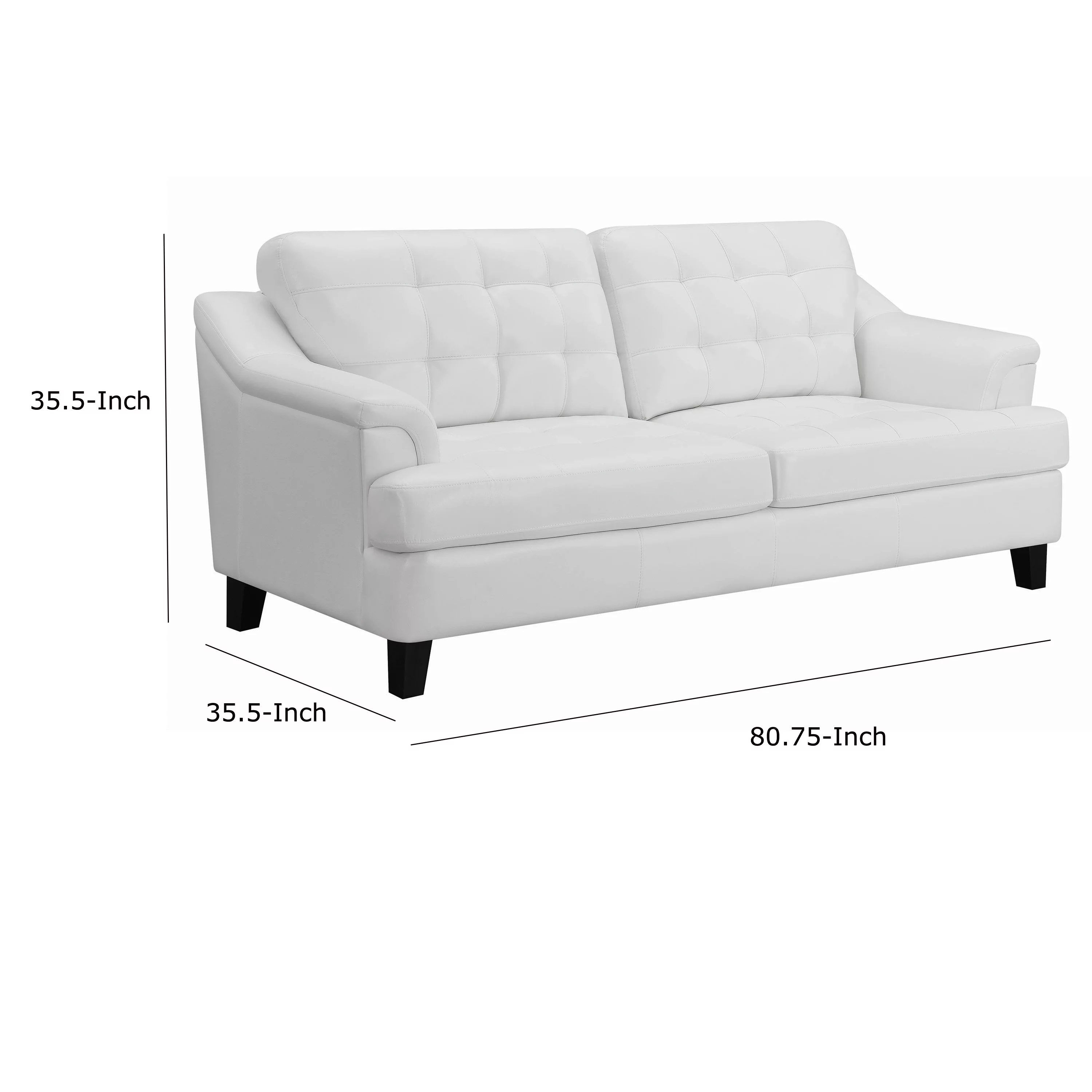 Faux Leather Upholstered Wooden Sofa with Tufted Cushioning and Wooden Feet, White and Black