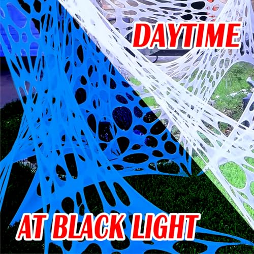1400 Sqft Giant Durable Spider Webs Halloween Decorations Outdoor, Beef Netting for Glow in The Dark Spider Web, Blue Giant Outdoor Spider Decorations Set, with 3 Blacklight (48FT x 4FT)