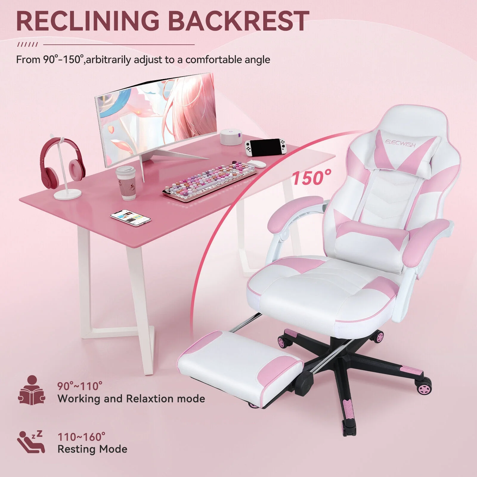 FULLWATT Video Gaming Chair Office Chair Ergonomic PC Computer Chair Reclining Racing Chair with High Back Swivel Executive Office Desk Chair with Extendable Footrest Adjustable Lumbar Pillow Pink