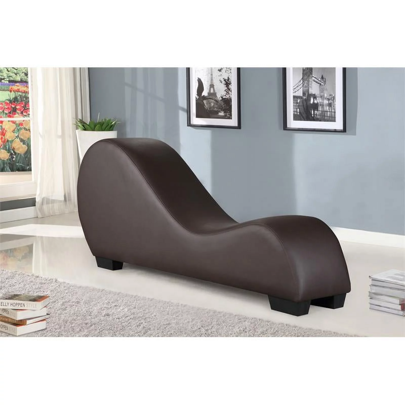 Bowery Hill Modern Faux Leather Yoga Relaxing Chaise in Brown