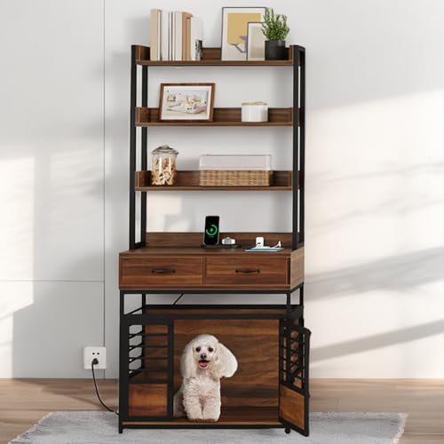 YITAHOME 39 Inch Dog Crate Furniture with Storage Shelves, Wooden Dog Crate for Large Dogs with Power Outlets, Dog Kennel Indoor Furniture Farmhouse Decorative Dog Cage with Double-Doors, Rustic Brown