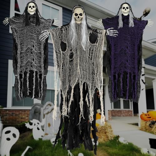 Halloween Decorations Outdoor and Indoor,3PCS Scary Hanging Ghosts,Halloween Grim Reaper Skeleton,Scary Party Decorations for Yard,Haunted House Decor