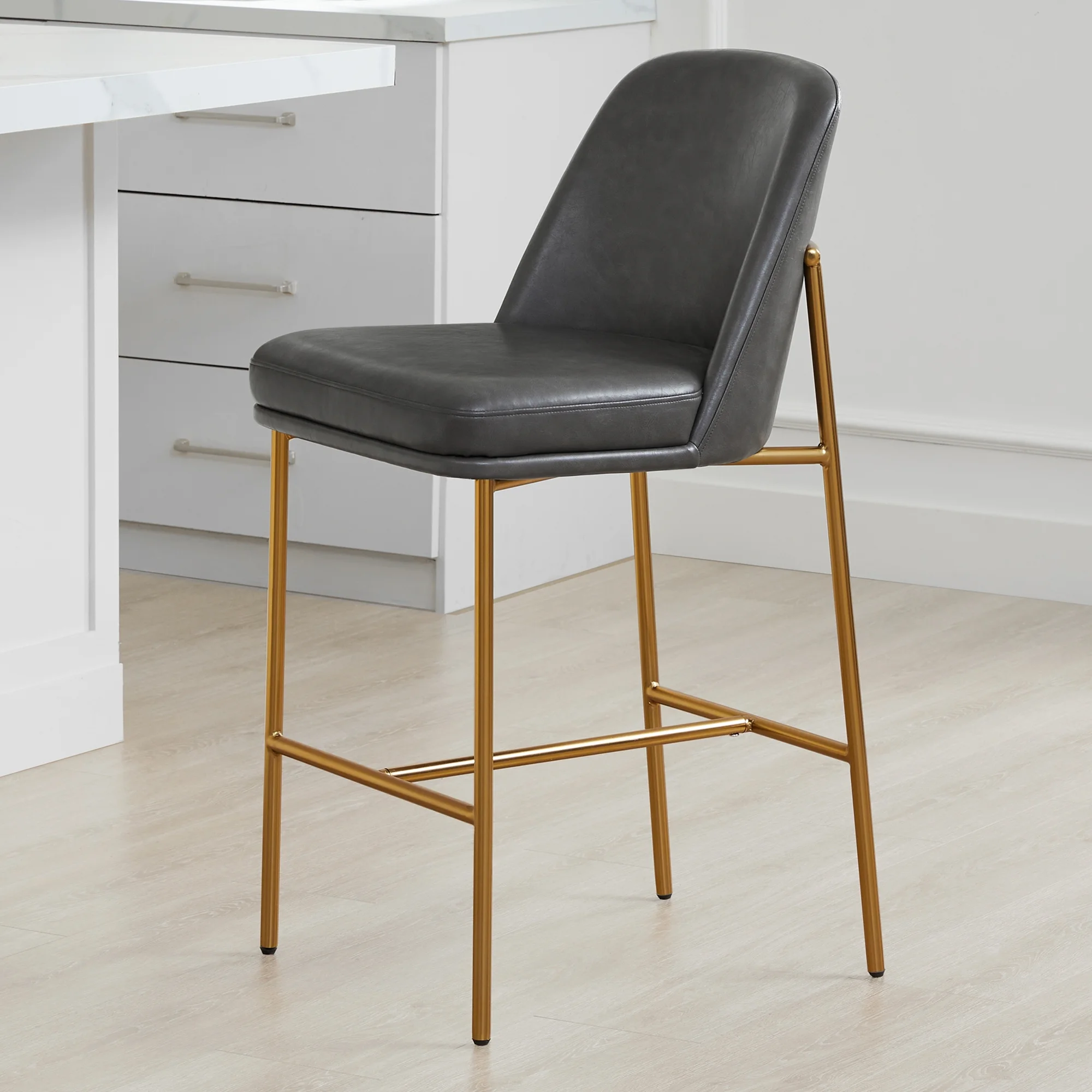 CHITA Modern Counter Height Bar Stool Set of 2, 27 inch Counter Stool with Back & Metal Legs, Faux Leather in Retro Gray