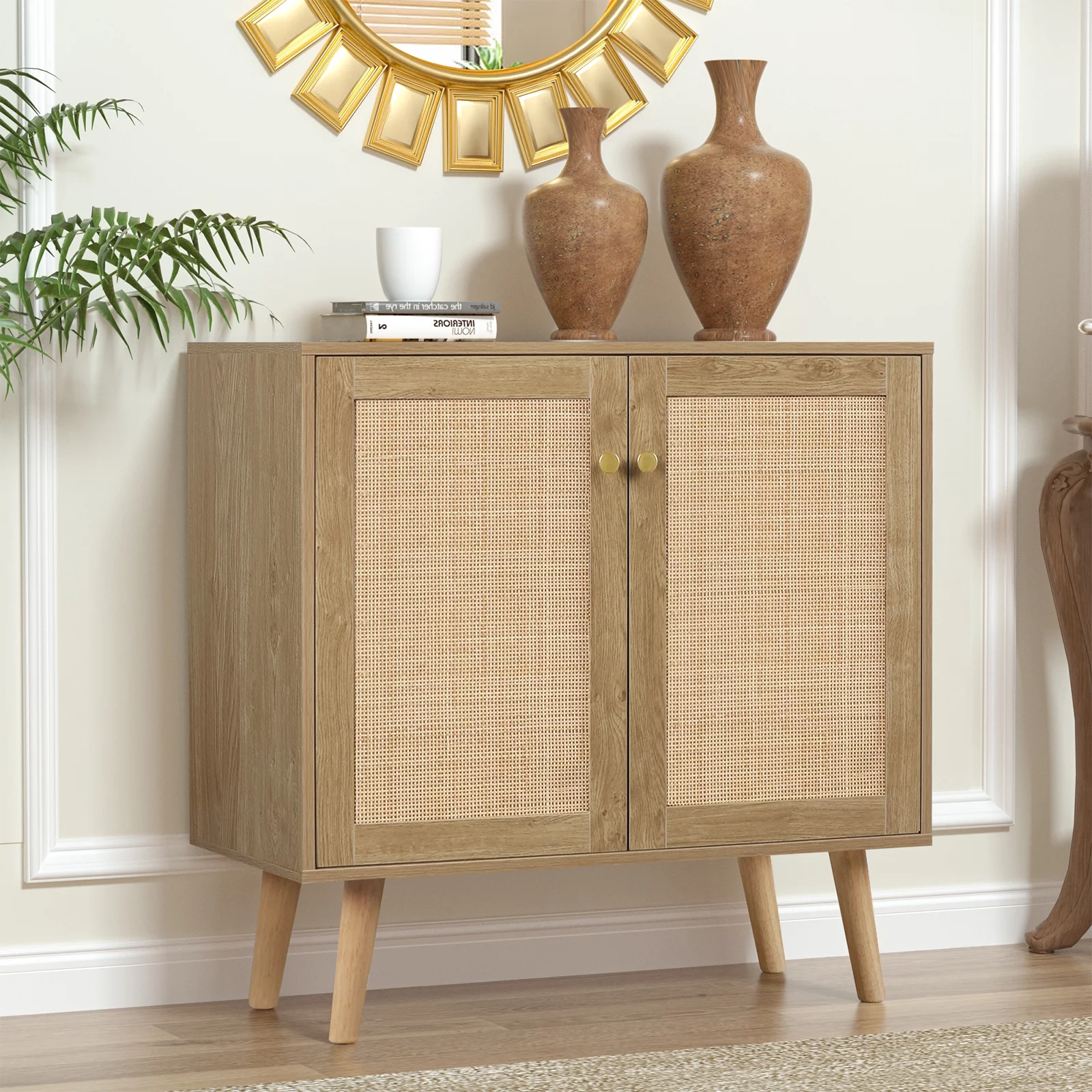 Eumyviv 2-Doors Accent Cabinet Sideboard with Pine Wood Legs Farmhouse Rattan Cabinet Cupboard