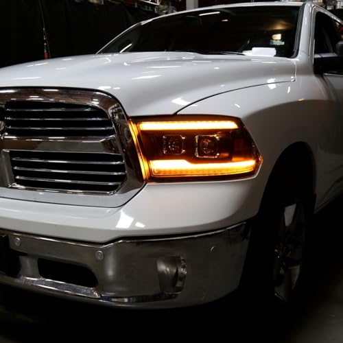 Fits 2009-2018 Ram 1500 2500 3500 2019-2024 Ram 1500 Classic Halogen Dual Projector Headlights LED Switchback Sequential Signal + Animated Startup Effect Parking Assembly Pair | Black