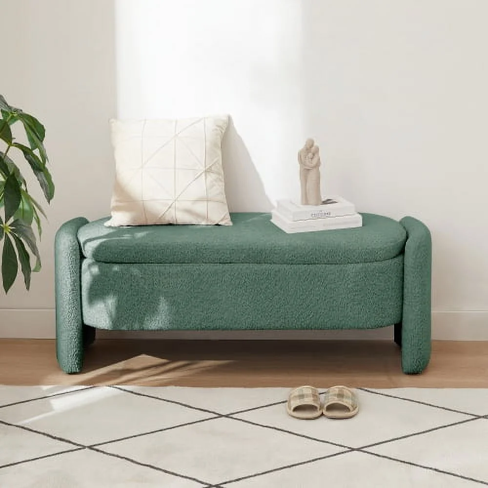 Ottoman Oval Storage Bench 3D Lamb Fleece Fabric Bench with Large Storage Space - Green