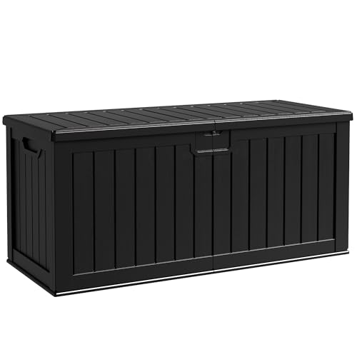 Flamaker Resin Deck Box 120 Gallon Waterproof Large Outdoor Indoor Storage Box Imitation Wood Resin for Patio Furniture Garden Tools and Pool (Black)