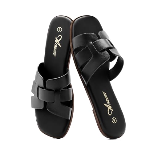 Athlefit Women's Flat Sandals Dressy Summer Square Open Toe Slip On Leather Slide Sandals