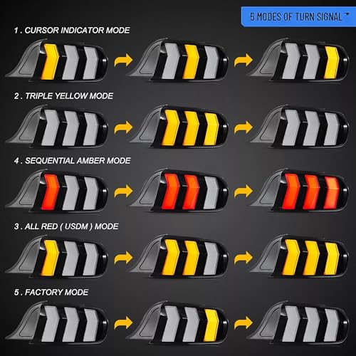 VLAND LED Rear Lights Compatible with Mustang 2015-2023 w/Sequential Turn Signal (5-Modes Switchable Lighting), Clear Lens Taillight Assembly, Passenger&Driver Sides (Clear)