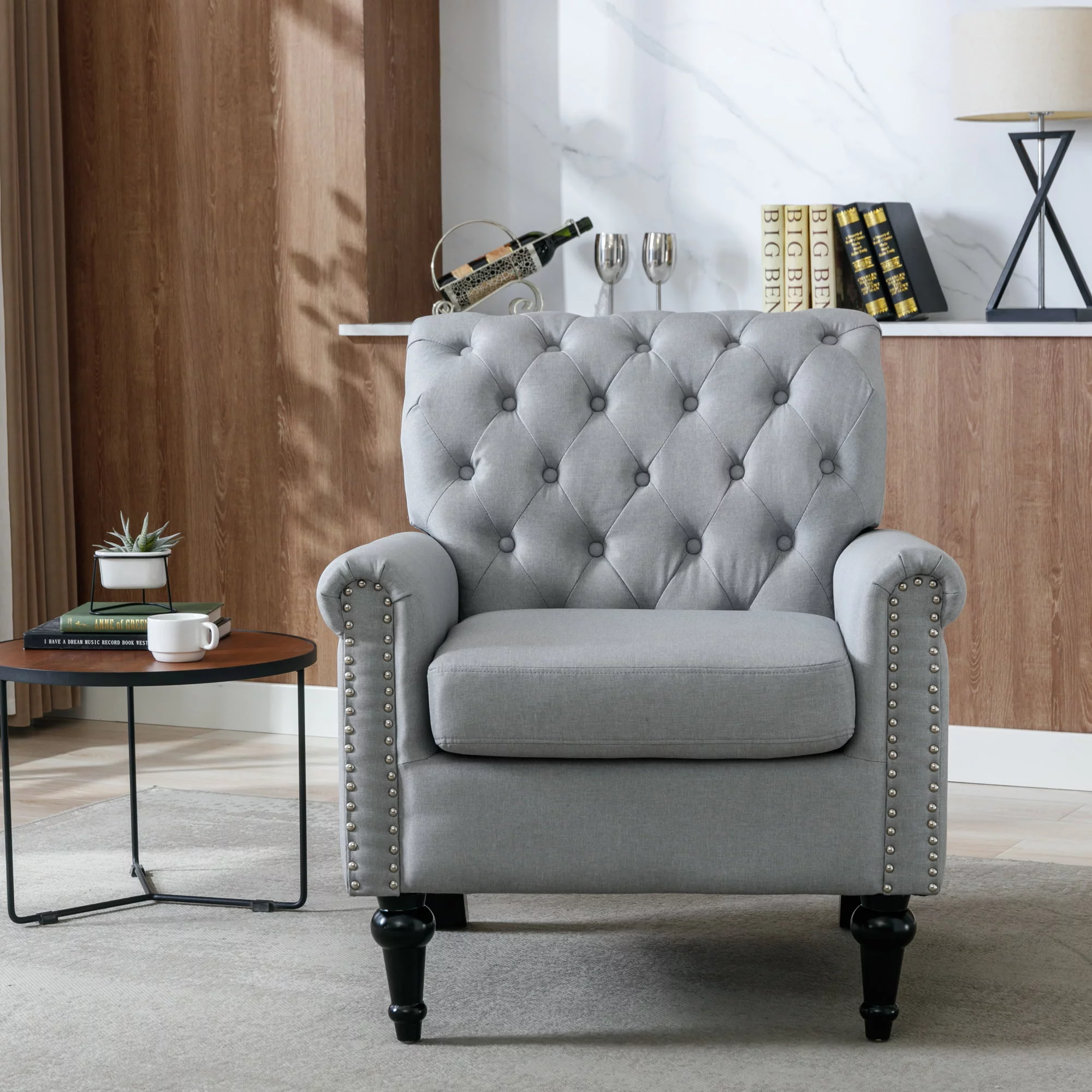 Pouseayar Accent Chair, Upholstered Cozy Armchair Button Tufted Back and Wood Legs for Living Room, Bedroom, Light Gray