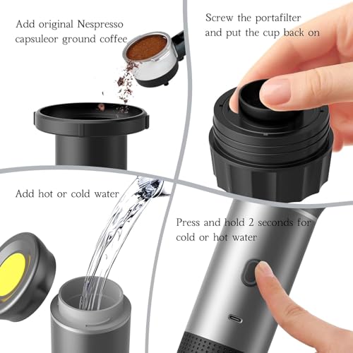 Zcyge Portable Coffee Maker Espresso Machine, Mini Travel Camping Coffee Makers, Battery Portable Espresso Self-Heating Car Coffee Maker With Ground Coffee & NS Capsule