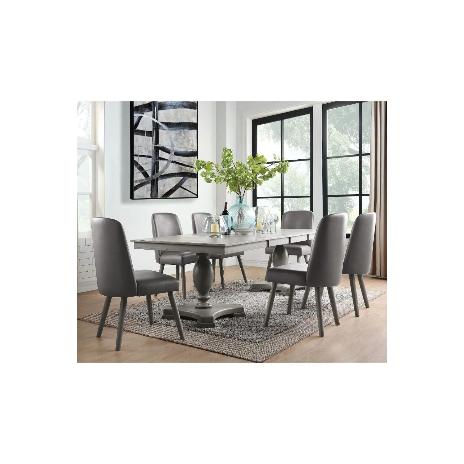 ACME Waylon Wooden Double Pedestal Dining Table with Removable Leaf in Gray Oak
