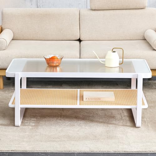 Rattan Coffee Table with Tempered Glass Top, Rectangle Coffee Table for Living Room with Imitation Rattan Storage Shelf