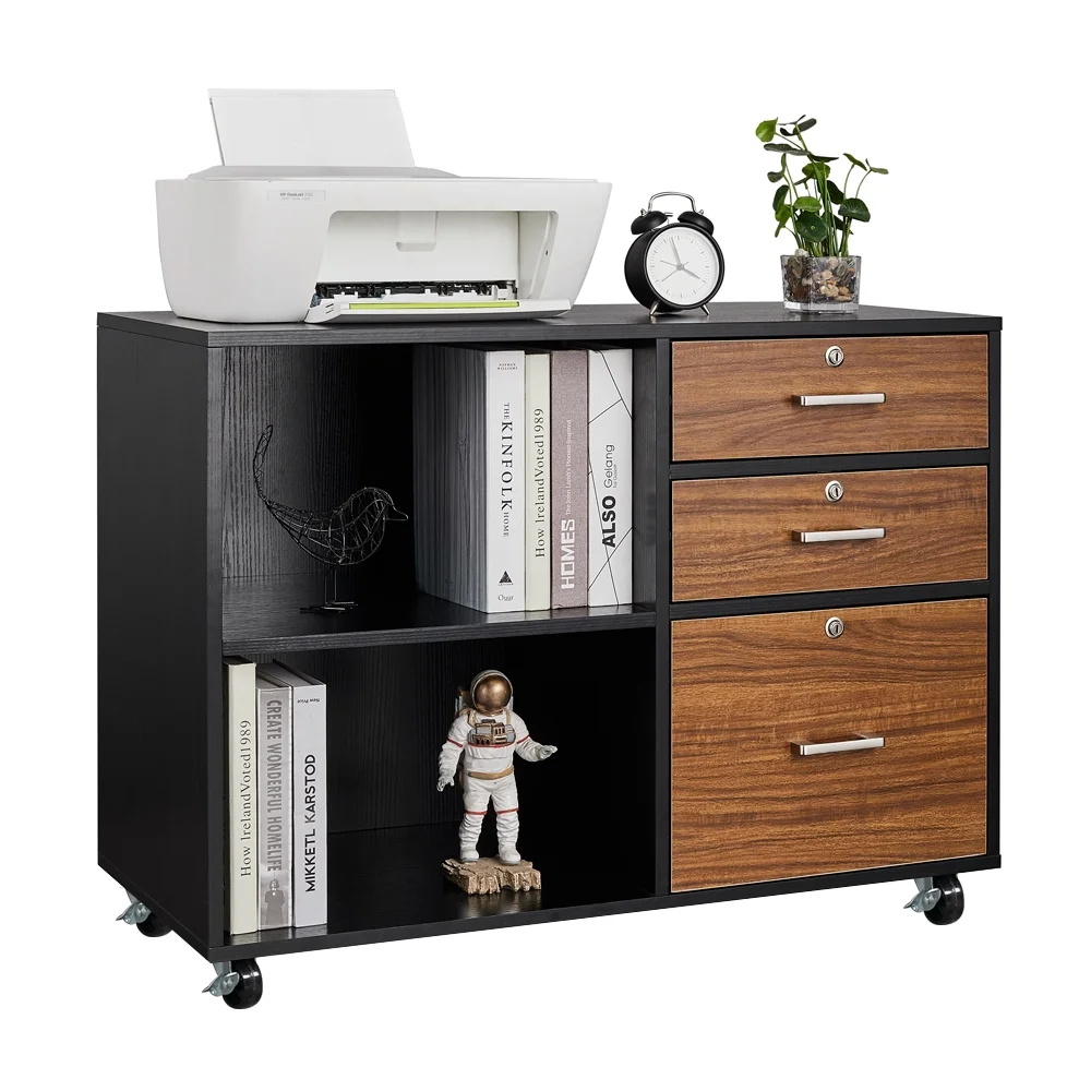 Rolling 3 Drawer File Cabinet with Lock, Wood Lateral Filing Cabinet with Open Shelves
