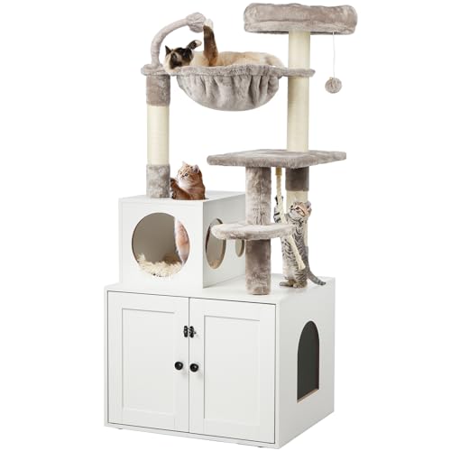 Cat Tree with Litter Box Enclosure, 2-in-1 Cat Tower for Indoor Cats, Large Wood Cat Condo with Basket, Scratching Posts, Pompoms, Rustic Brown