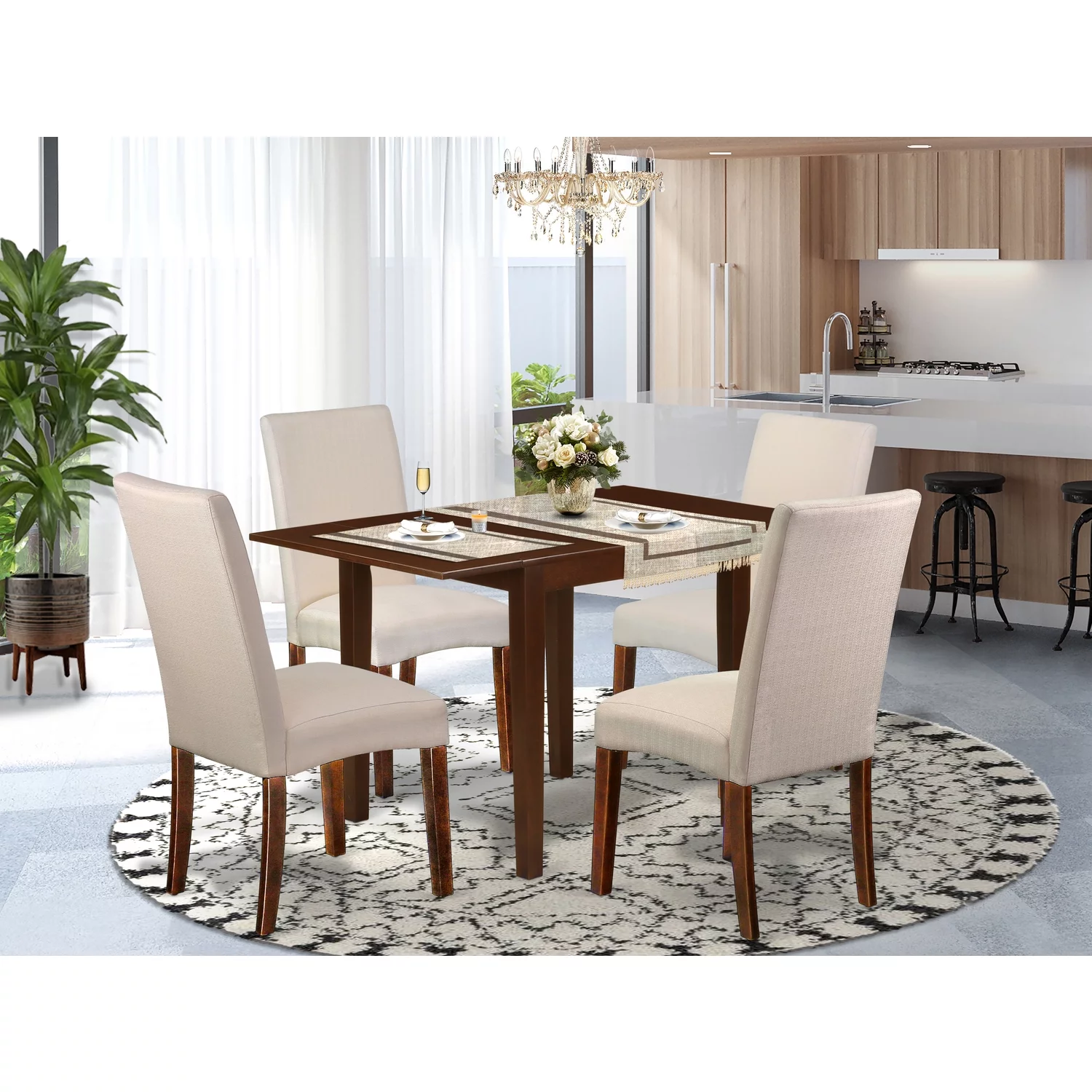 East West Furniture Norden 5-piece Wood Dining Set in Mahogany/Cream