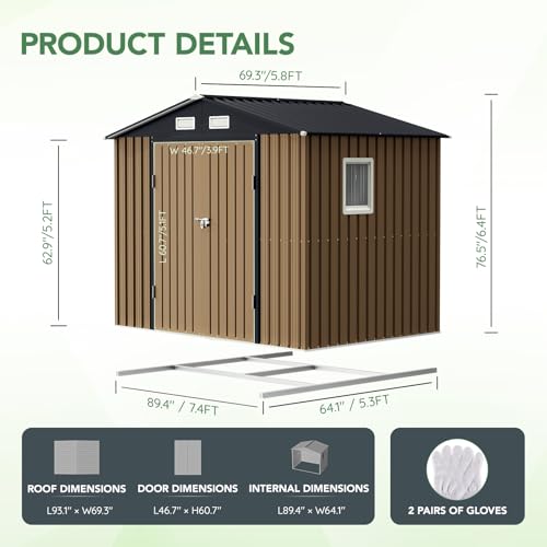 10X12X7.5 FT Outdoor Steel Storage Shed with Lockable Doors, 2 Windows, Transparent Roof Panels (Wood Panels & Frame Floor Not Included), Ideal for Patio Storage,Garbage Can, Chicken Coop，Brown