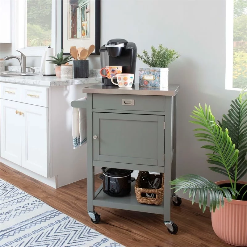 Riverbay Furniture Transitional Wood/Stainless Steel-Top Kitchen Cart in Gray
