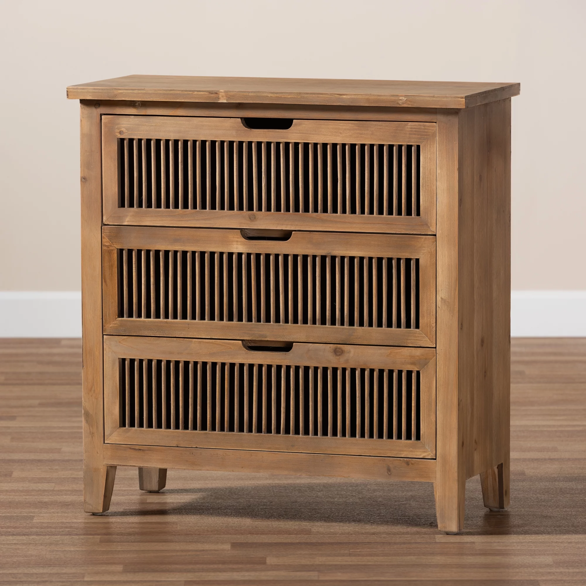 Baxton Studio Clement Rustic Transitional Medium Oak Finished 3-Drawer Wood Spindle Chest
