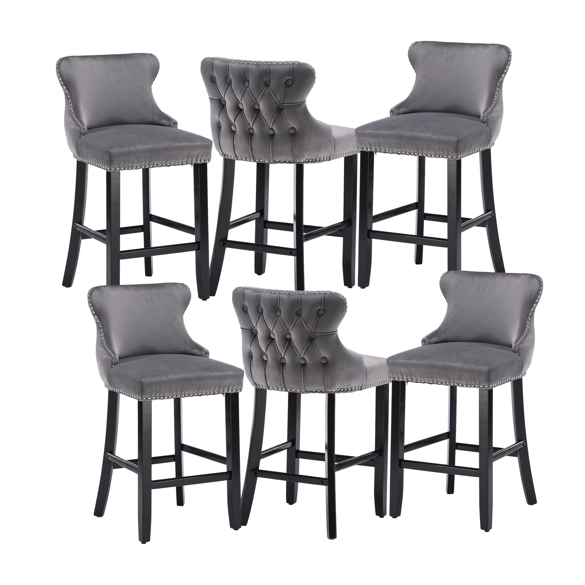 Set of 6 Wingback Upholstered Bar Stools with Nailhead Trim, Velvet Fabric Side Dining Room Chairs with Tufted Button, Living Room Chairs Counter Bar Stools Home Kitchen Island (Grey)