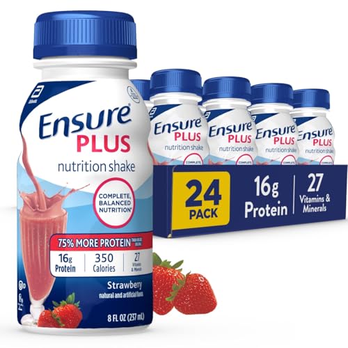 Ensure Plus Strawberry Nutrition Shake | Meal Replacement Shake | Ready To Drink | 16g Protein and 27 Vitamins and Minerals | 8 fl oz - 24 Pack