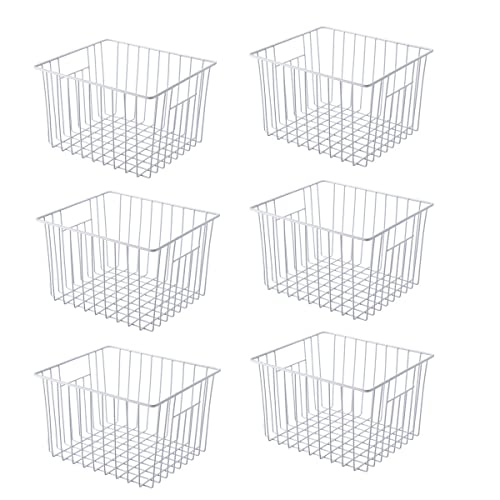Freezer Basket Organizer, Refrigerator Metal Wire Storage Divider, Household Container Bins with Handles for Kitchen, Pantry, Cabinet, Closets - Pearl White (6, 11in x 10in x 5.5in)